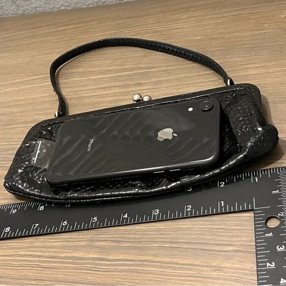 Vintage 90s Y2k Bebe Black Snakeskin Leather Small Evening Handbag Clutch Party - Picture 12 of 13